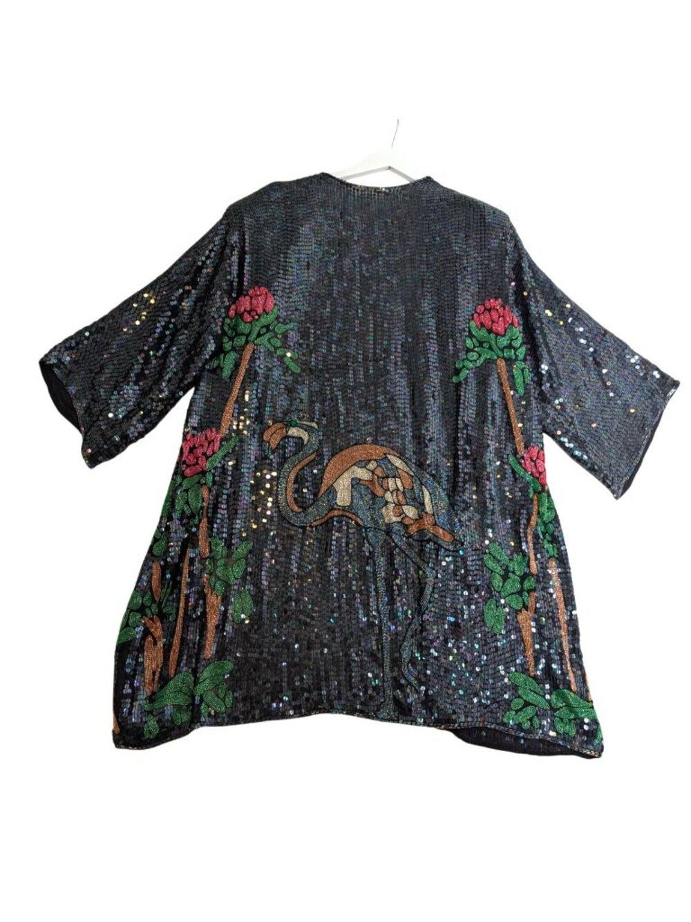Vintage Black Sequin Kimono Floral & Flamingo Beaded Embroidery Open Front One S - Picture 11 of 15